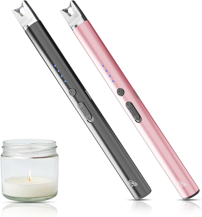2 Pack Electric Candle Lighter Long Stem,Rechargeable Plasma Arc | USB-C Charging,Flameless Windproof with Safety Lock for Candles, Gas Stoves,Camping,Firestarter, Gift Set (Black, Rose Gold)