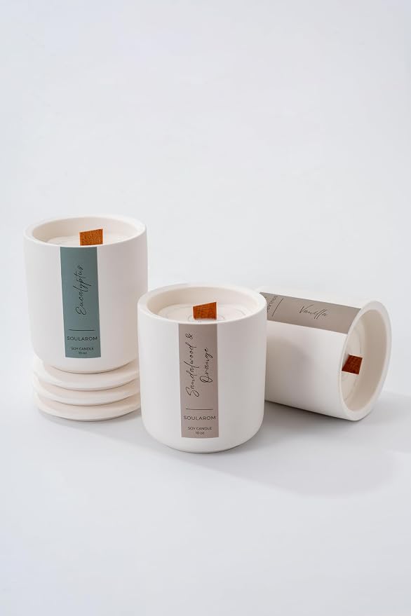Candles for Home Scented – 10oz Hand Poured Aromatherapy Sandalwood and Orange Candle Soy Wax Candles in Elegant Ceramic Jar – Crackling Wooden Wick Decorative Candle with 60 Hours Burn Time
