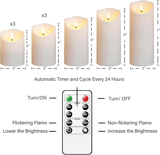 Nimiko Flameless Candles with Remote, Battery Operated Flickering Flameless Candles, LED Candles with Timer 2/4/6/8H, with Realistic LED Candles Set of 9 (D3 x H 3" 4" 5" 6" 7") (White)