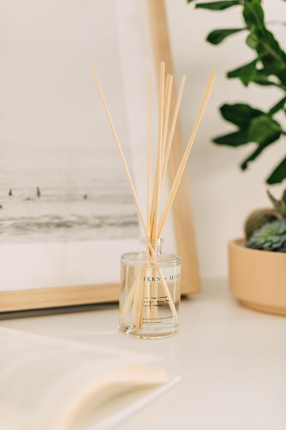 Brooklyn Candle Studio Reed Scent Diffuser - Fern & Moss - Relaxing Oil Diffuser, Sage, Lavender & Pine Fragrance, 8 Rattan Diffuser Reeds, Clean Ingredients - 4.4oz