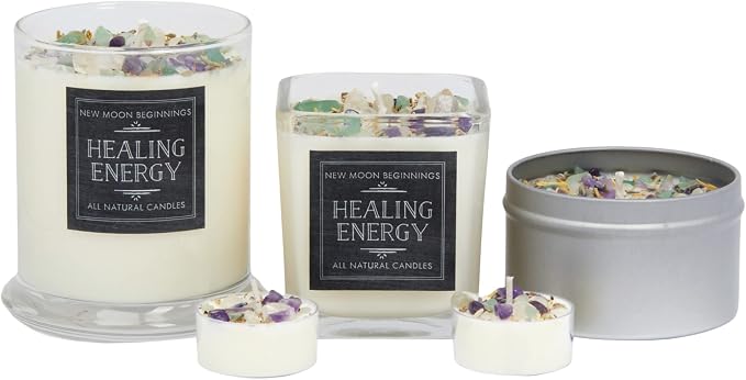 New Moon Beginnings Healing Energy Candle - Negative Energy Cleansing - Soy Aromatherapy - Handmade with Crystals & Herbs - 8oz Tin