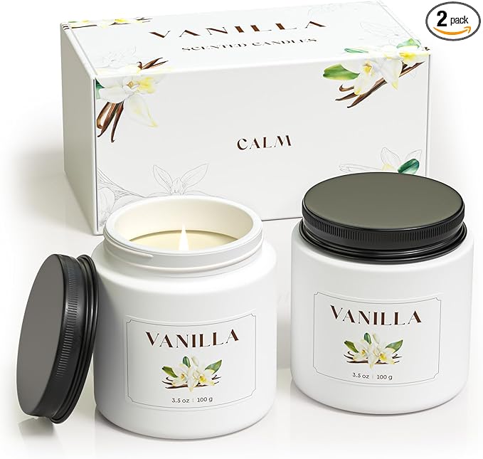 NORVENCE Vanilla Candle, Scented Candles Gift Set, Stress Relief Candles for Home, Premium Soy Candle Set, Candles for Women and Men (White, 7 oz)