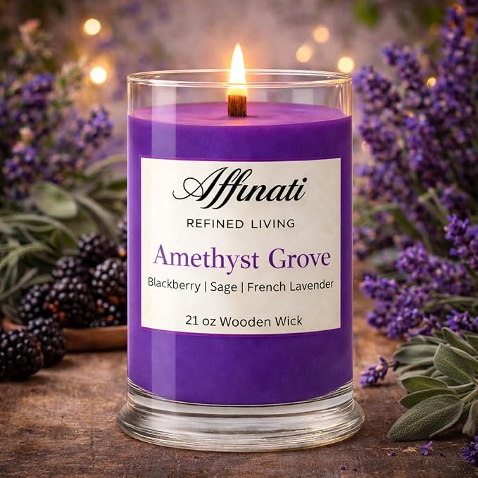 Affinati Amethyst Grove Large Scented Candle, 21 oz Wooden Wick Tumbler – Highly Fragrant Premium Long Lasting Enchanted Fragrance, Soy Blend