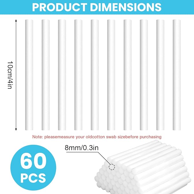 60PCS Humidifier Stick Filter Refill 4 Inch – Universal Cotton Replacement Wicks, Rapid Absorption Fits Mini Portable USB Cool Mist Diffusers, Car Travel Humidifiers, Home Bedroom Office Use