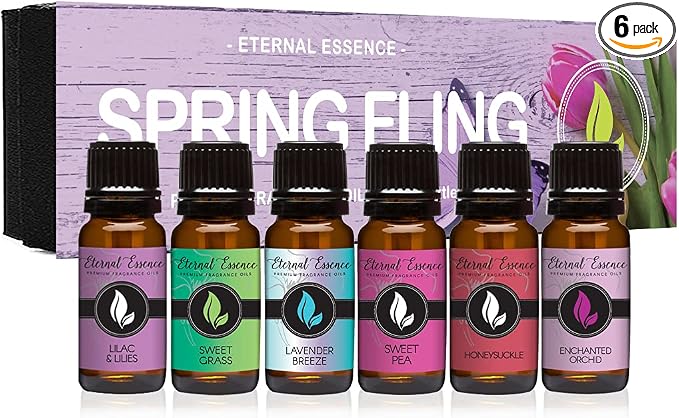 Eternal Essence Oils Spring Fling Set of 6 Premium Fragrance Oils - Includes Sweet Grass, Lilac & Lilies, Lavender Breeze, Sweet Pea, Honeysuckle and Enchanted Orchid Scented Oils - 10ML