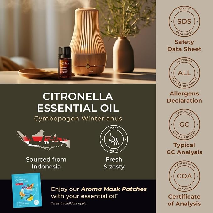 100% Pure Citronella Essential Oil - 0.34 Fl Oz - Citronella Oil for Hair, Skin, Diffuser, Aromatherapy & DIY Candle Making Scent