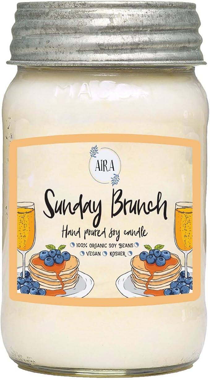 Aira Soy Candles - Organic, Kosher, Vegan, in Mason Jar w/Therapeutic Grade Essential Oil Blends - Hand-Poured 100% Soy Candle Wax - Paraffin Free, Burns 110+ Hours - Sunday Brunch -16 Ounces
