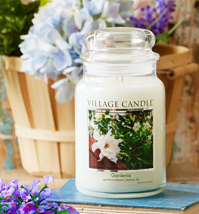 Village Candle Gardenia Large Glass Apothecary Jar Scented Candle, 21.25 oz, White