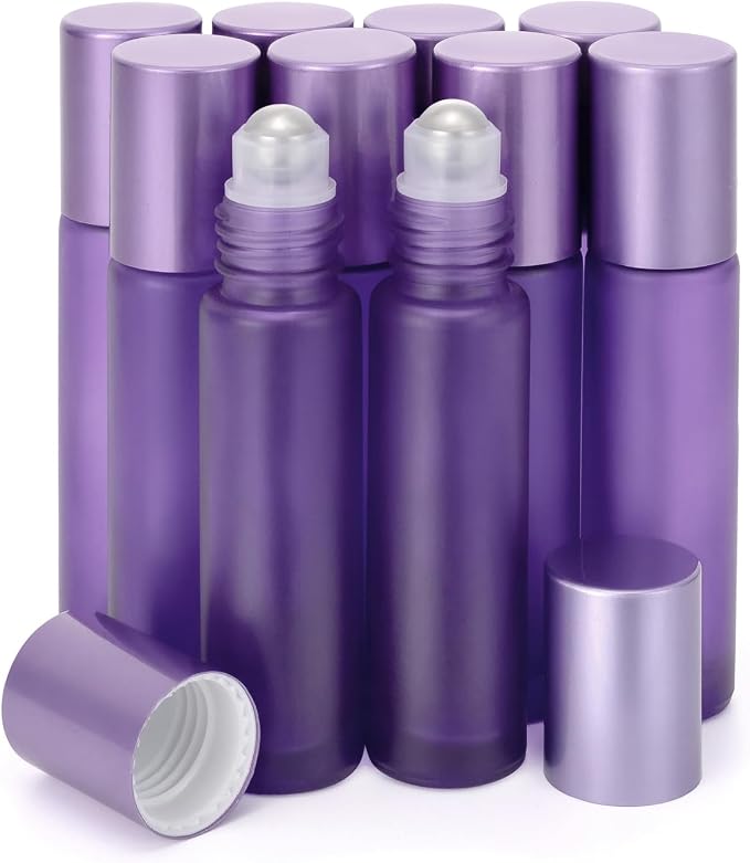 Kesell 10-Pack 10ml Glass Roller Bottles for Essential Oils - Travel- (3.34x0.78inch), Stainless Steel Roll-On Balls, Leak-Proof Caps - Refillable Perfume, Aromatherapy Bottles