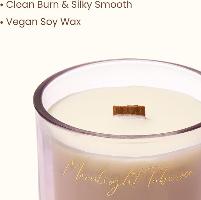 M&SENSE 9.9oz Natural Soy Wax Jar Candle with Wooden Wick | Moonlight Tuberose Scent | 55-Hour Burn & Long-Lasting Burn | Housewarming Gift for Men and Women