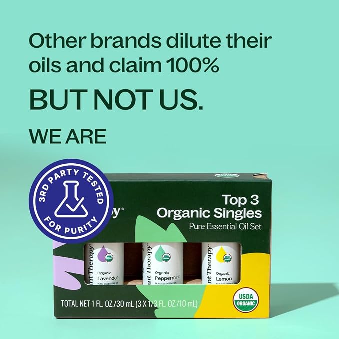 Plant Therapy Top 3 Organic Essential Oil Singles Set 10 mL (1/3 oz) Lemon, Lavender & Peppermint 100% Pure Essential Oils, Undiluted, Natural Aromatherapy for Diffusion and Body Care
