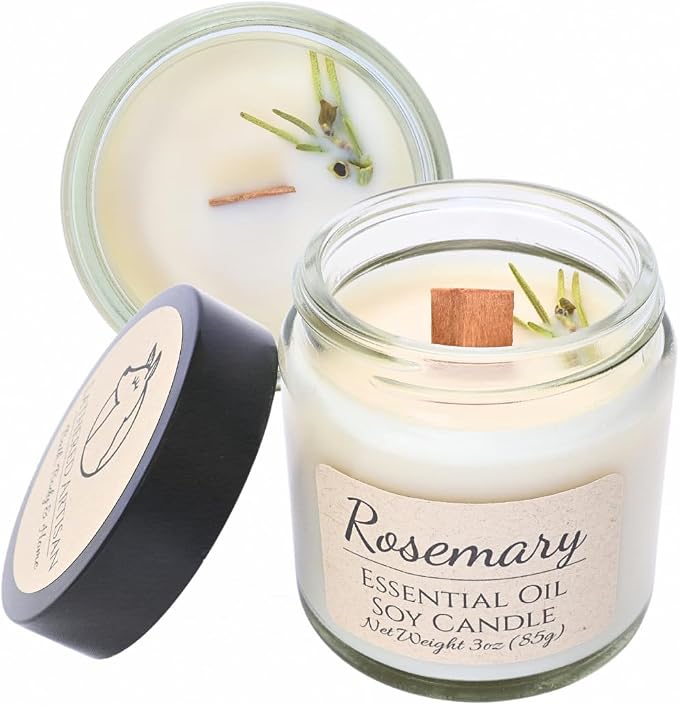 Rosemary Scented Essential Oil Candle 3 oz, Hand Crafted Pure Soy Wax Candle with Wooden Wick and Dried Flowers, 23 Hour Burn Time, Natural Aromatherapy Glass Jar Candle with Lid by Lathered Artisan