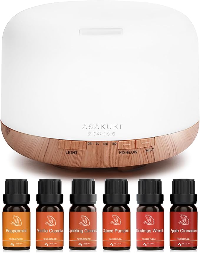 ASAKUKI 500ML Essential Oil Diffuser with Warm Bliss 6 * 10ml Essential Oil Blends Set