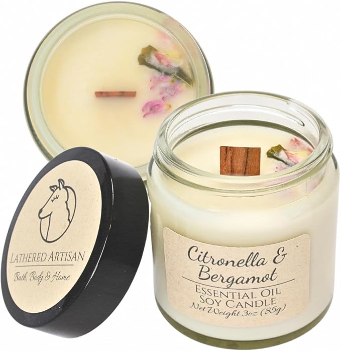 Citronella & Bergamot Scented Candle, Hand Crafted Essential Oil Soy Candles, Flickering Wood Wick, Dried Flowers, 23 Hour Burn Time, Natural Aromatherapy, Glass Jar with Lid, 3oz by Lathered Artisan