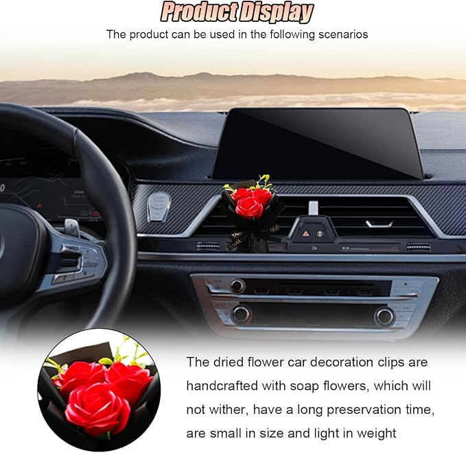 Mini Bouquet Car Air Outlet Vent Clip, Rose Car Dashboard Air Vent Trim Clips, Cute Flower Automotive Interior Diffuser Decoration Accessories for Women Present (Romantic Red)
