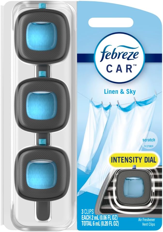 Febreze Car Air Freshener, Odor-Fighting Automotive Vent Clip, Linen & Sky Scent, 3 Count