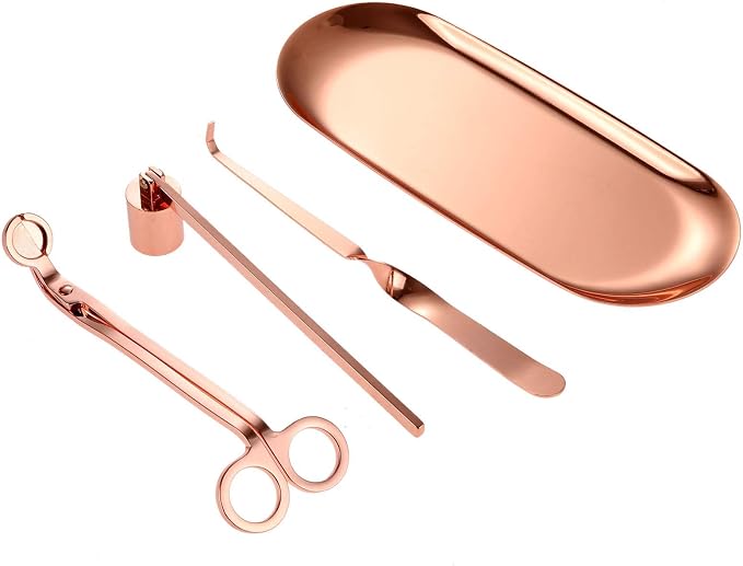 MUXSAM 4 in 1 Candle Accessory Set - Candle Wick Snuffer, Trimmer, Dipper & Storage Tray - Rose Gold