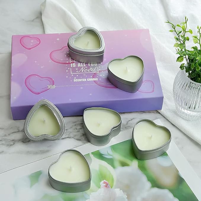 DEYBBY Jasmine Scented Soywax Tealight Candles, White Heart Shaped Aromatherapy Candles Gifts Tins for Women, Mother, Wife, Lover (Pack of 6)