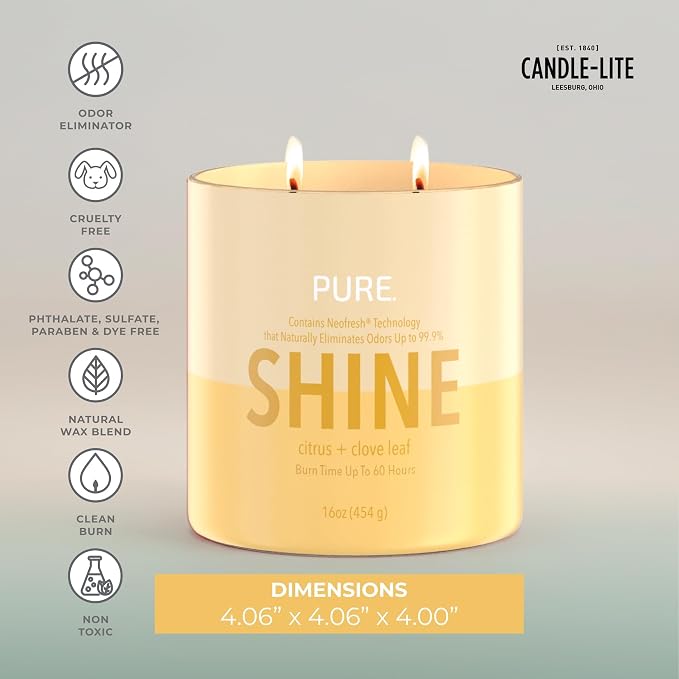 Candle-Lite Pure Citrus & Clove Leaf Odor Eliminating Scented Candles, Neofresh Technology Eliminates 99.9% of Odors, 16 oz 2-Wick Jar, Proudly Poured in The USA, Up to 60 Hours Burn Time