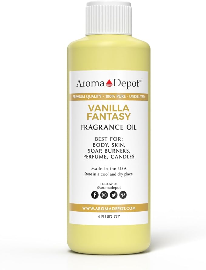 Aroma Depot 4oz Vanilla Fantasy Perfume Oil for Making, Body Oil, Soap, Candle Making & Incense. Our Version is a Premium Quality Undiluted & Alcohol Free