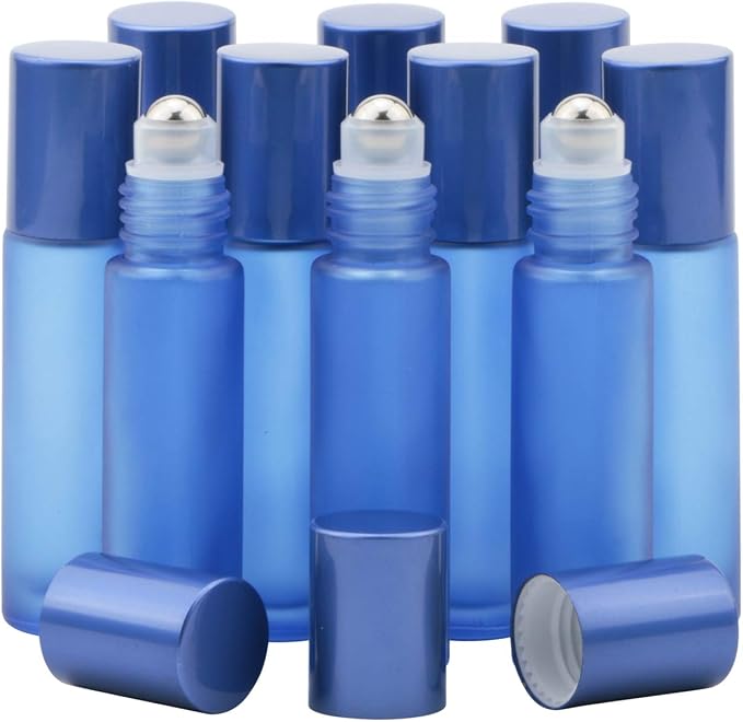 Kesell Glass Roller on Bottle, 10ml Refillable Essential Oil Bottle with Stianless Steel Ball, Pack of 10 (Light blue)