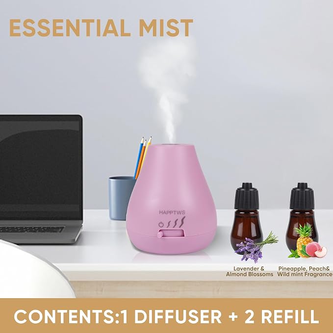 HAPPTWS Essential Oil Diffuser - Waterless Diffuser 3 Timer Settings Battery Powered for Bedroom Yoga Room Toilet Pet Room - Pink