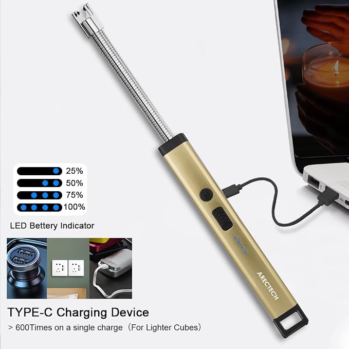 ARECTECH Candle Electric Lighter Rechargeable USB Arc Lighter for Candle Camping Fireworks Christmas Birthday Gifts with LED Light for Men Women Gold