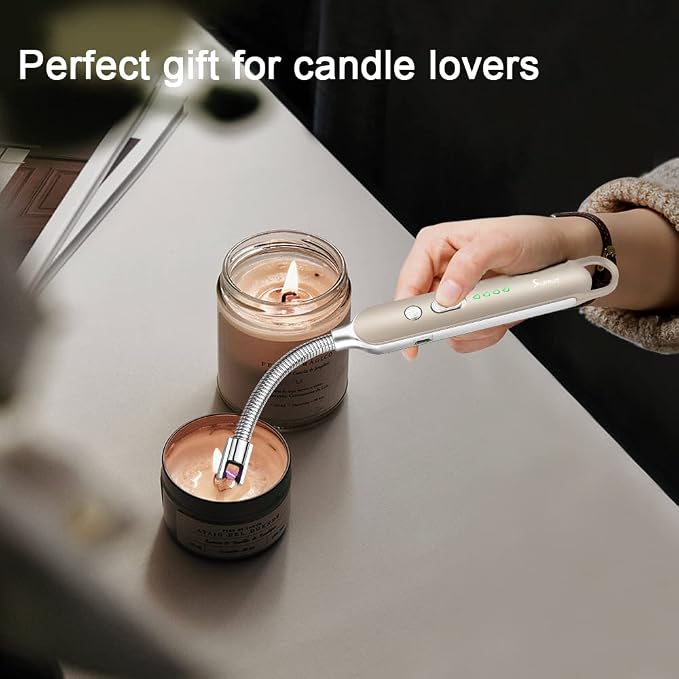 SUPRUS Electric Rechargeable Arc Lighter with LED Battery Display Long Flexible Neck USB Lighter for Candle Cooking (Gold, 3Packs)