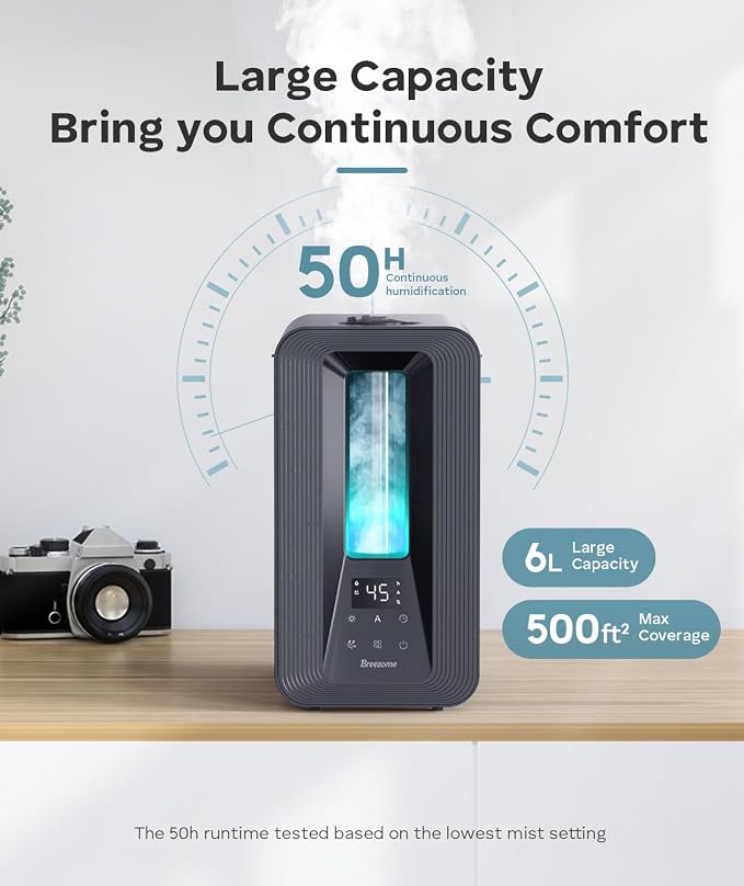BREEZOME 6L Humidifiers for Bedroom, Cool Mist Top Fill Humidifier with Aroma Diffuser, Humidistat, Night Light, 50H Runtime, Quiet Ultrasonic Humidifiers for Home Large Room, Baby Nursery, Plants