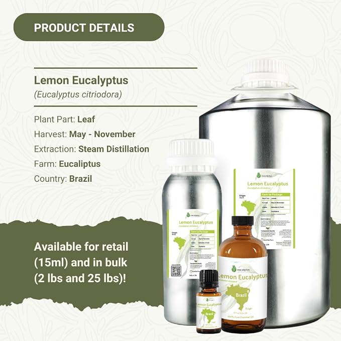 Lemon Eucalyptus Oil by Eucaliptus from Brazil - Pure Lemon Eucalyptus - 100% Pure Steam Distilled Natural Aceite de Eucalipto Limón - Aromatherapy - Premium Therapeutic Grade - 15ml