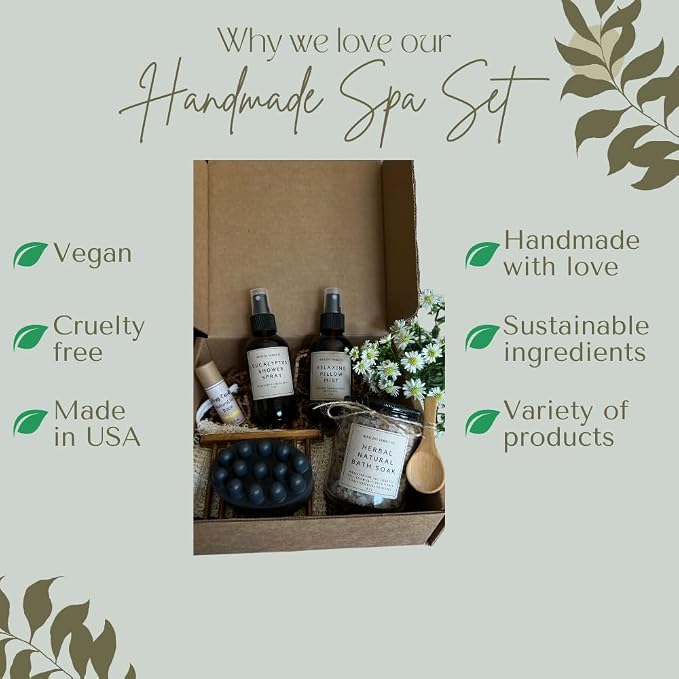 Handmade Spa Set, Natural Self-Care Essentials, Relaxing Gift Sets for Her,Gifts for Women, herbal natural bath soak, natural lip balm,relaxing pillow mist, Eucalyptus shower spray, Charcoal Soap Bar