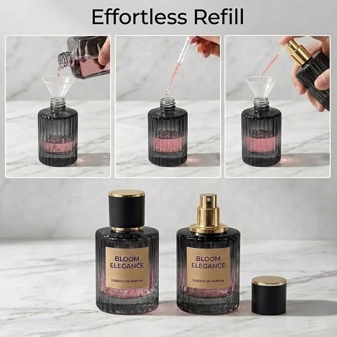 Empty Perfume Spray Bottles Set, Ribbed Glass Atomizer Refillable Portable Glass Atomizers with Funnel and Dropper, Fine Mist Spray for Women Men Dispenser Fragrance Container Set (2Pcs, Black)