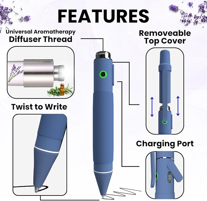 Aromatherapy Writing Pen Battery with Real Ink Tip and Hidden Diffuser Port, Soft Touch Ballpoint for Note Taking, Signature, and On-The-Go Relaxation, Rechargeable Wellness Gift for Office (Blue)