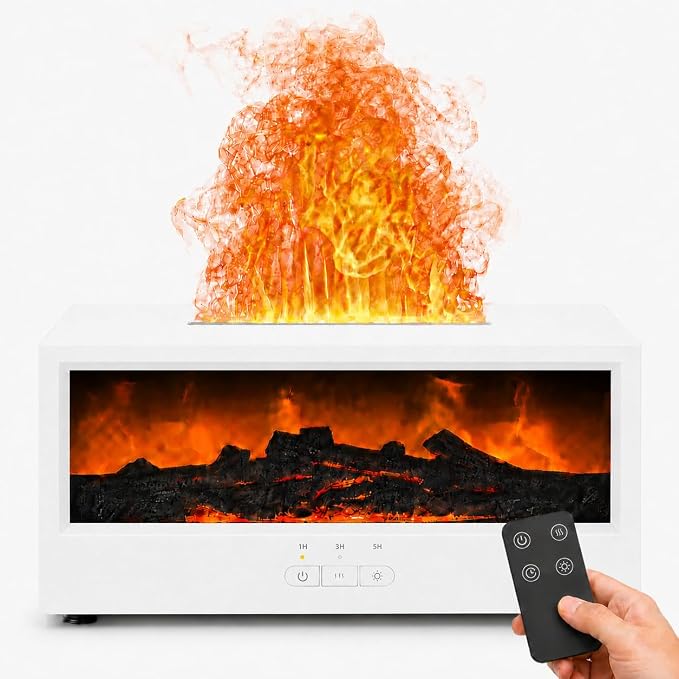 Aegci Fireplace Air Diffuser, Essential Oil Diffuser with 7-Color Flame Light, Ultrasonic Aroma Diffuser & Air Humidifier for Bedroom, Flame Diffuser with Remote Control Timer for Home Office Yoga