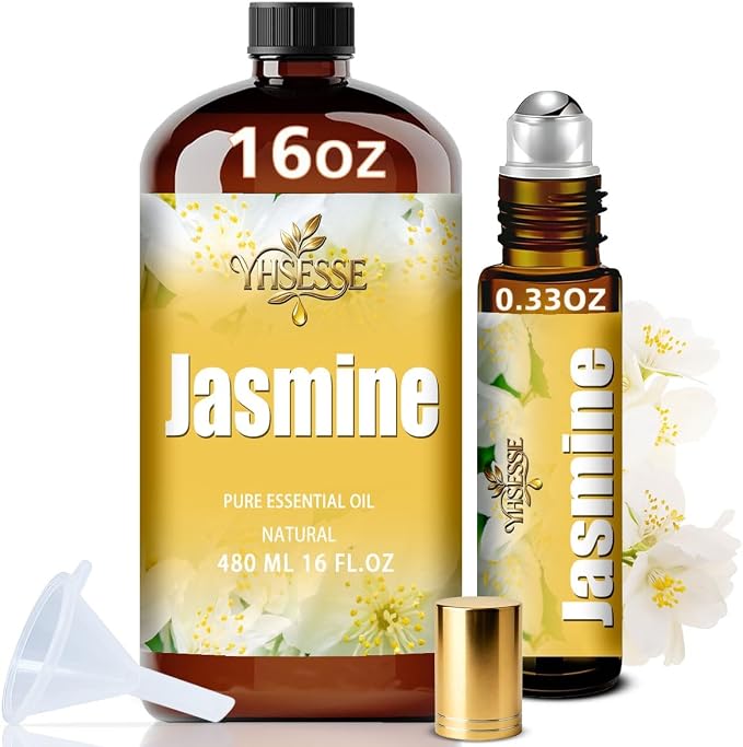 Jasmine Essential Oil, Jasmine Oil 16 Fl Oz 480ml for Diffuser Yoga Soap & Candle Making – with 0.33 Oz Roller Ball & Funnel YHSESSE Essential Oils