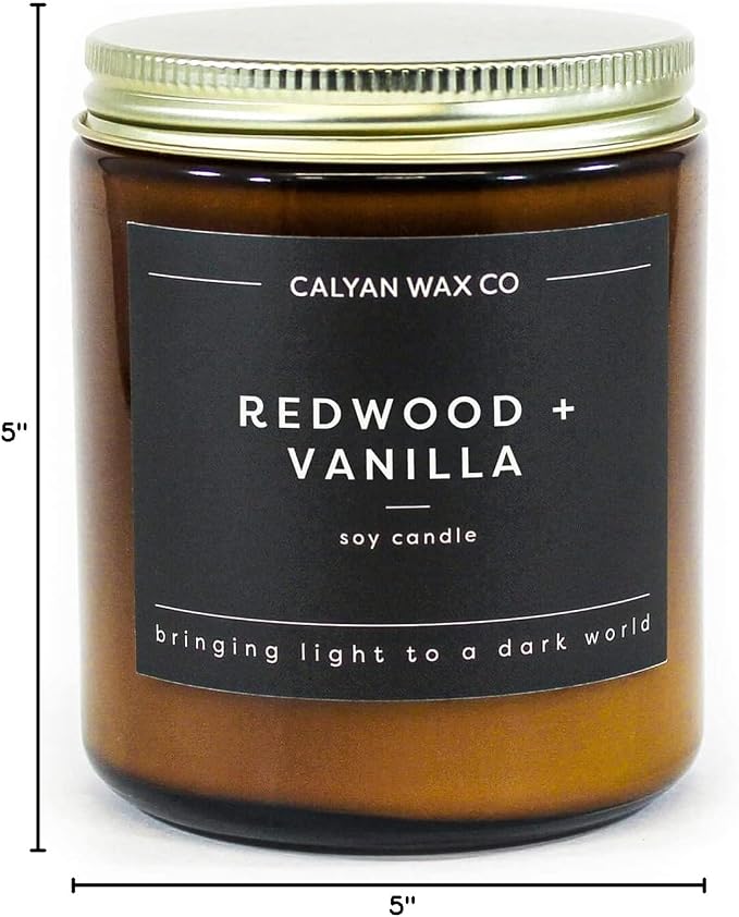 Calyan Wax Co. Redwood & Vanilla Scented Candle - 57 Hour Burn - Luxury Clean Soy Wax Candles - Long Lasting Amber Glass Jar Candle for Home - 7.2oz