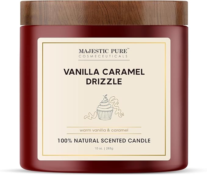 Majestic Pure Vanilla Caramel Scented Candle with Upto 45+ Hrs Burn Time, 2-Wick Candle, Soy Wax Blend for Cleaner Consistent Burn, 10 oz Jar Candle with Room Filling Fragrance, Drizzle