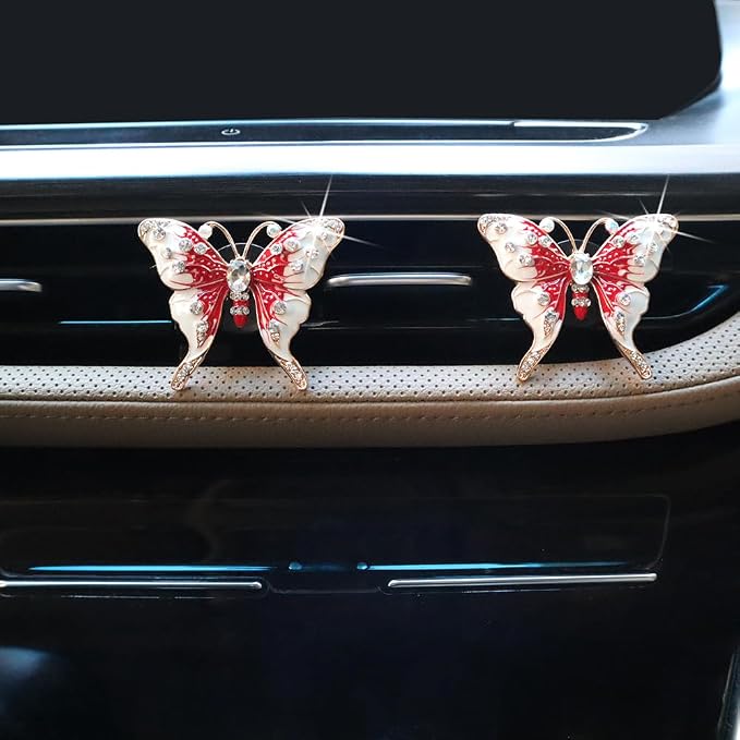 ORIESSE 2pcs Red Butterfly Car Air Freshener Vent Clips Bling Car Accessories for Women Refillable Scents Diffusers