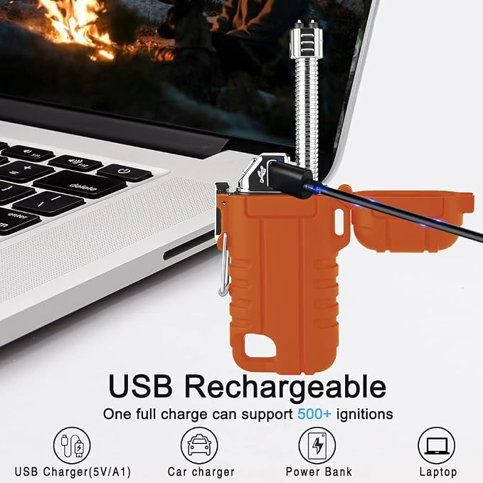 SUPRUS Waterproof Lighter Windproof Lighter Arc Plasma Lighters USB-C Rechargeable with Expandable and Flexible Neck for Outdoor, Camping & Kitchen (Orange, 2Packs)