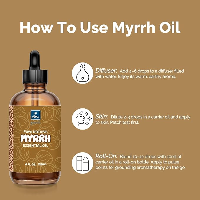 GM Gumili Myrrh Essential Oil 4 Oz, 100% Pure Natural Myrrh Oil for Diffuser, Skin, Hair, Body & Face, Massage, DIY & Home Use