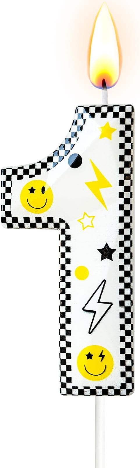 Number 1 Birthday Candle for Cake – 2.7 Inch Large Size Black White Checkered Smiley Design with Lightning & Star – One Happy Dude Theme Cake Topper Decoration