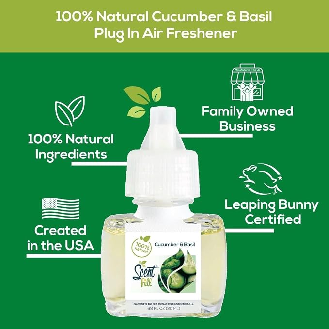 Scent Fill 100% Natural Cucumber Basil Plug in Air Freshener, Scented Oil Refills, 3 Refills