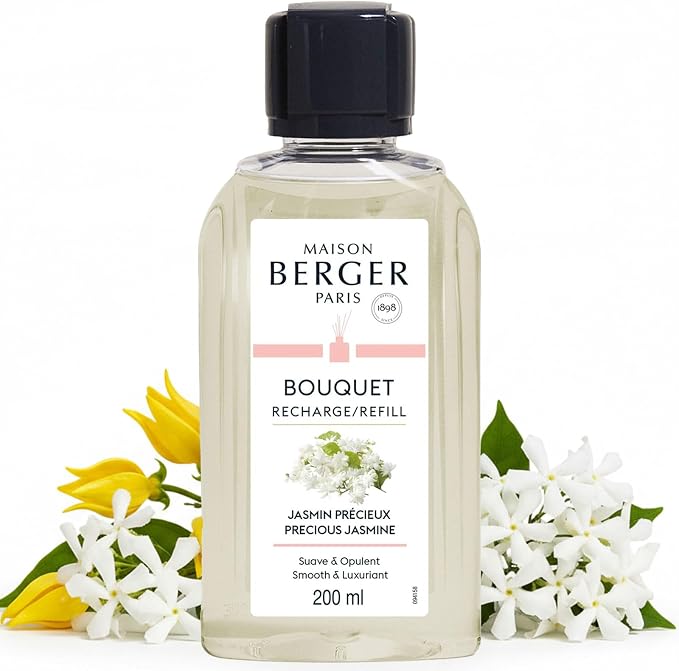MAISON BERGER Reed Diffuser Refill, 200 ml, Precious Jasmine | Fragrance Refill for Reed and Ceramic Diffusers, Passive Diffusion, ~6 Weeks, No Flame or Electricity, Made in France