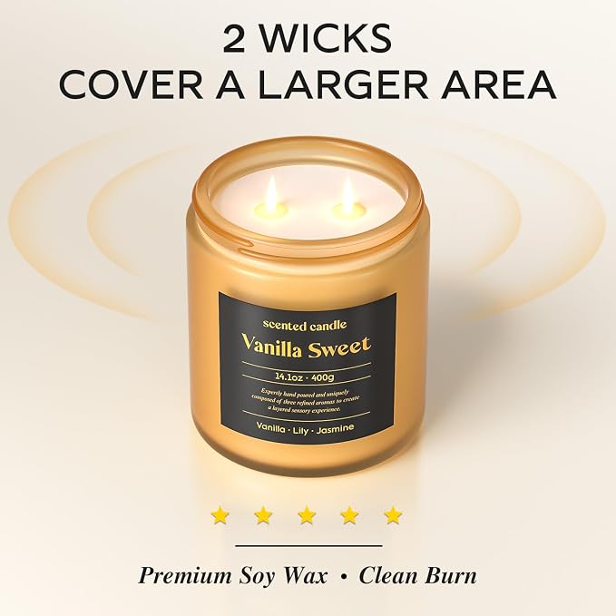 CHILLFLAME Vanilla Candle, 14.1 oz Scented Candles for Home, 2 Wicks Blended Scents Candles for Women and Men, Birthday Gifts for Women (Vanilla+Lily+Jasmine)