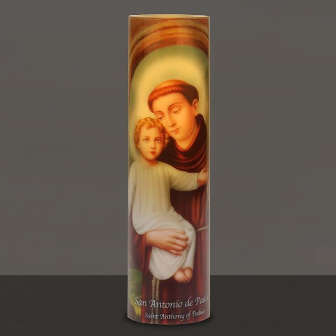 Saints Collection St. Anthony Flickering LED Prayer Candle - English & Spanish Prayers, Unique Religious Decoration for Altar, Mantle or Home