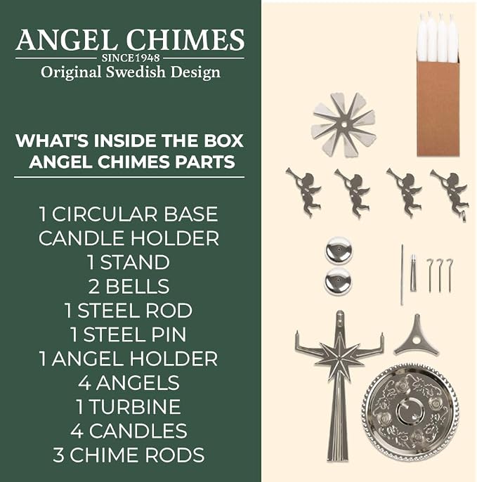 Original Swedish Angel Chimes and 4 Candles - Spinning Festive Chimes - Silver Color