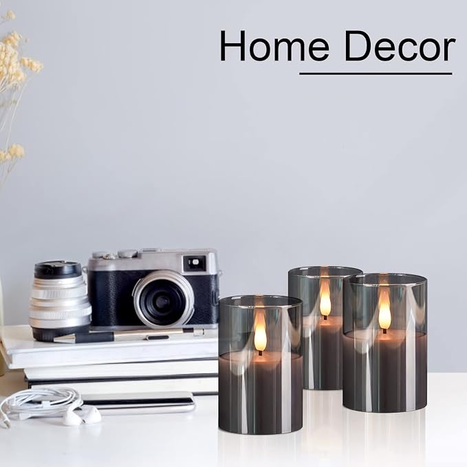 VIODAIM 6Pack Glass Flickering Flameless Candles with Remote, 2"X3" Real Wax Votive Candles Battery Operated, Small Electric LED Candles for Wedding Home Decor, w/4 Timers+2 Lighting Modes [Gray]