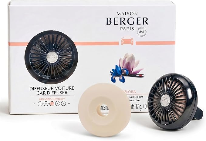 MAISON BERGER Car Diffuser Set, Liliflora | Magnolia Orange Blossom Notes, Refillable Vent Clip with Ceramic Refill, Passive 4-Week Diffusion, Made in France