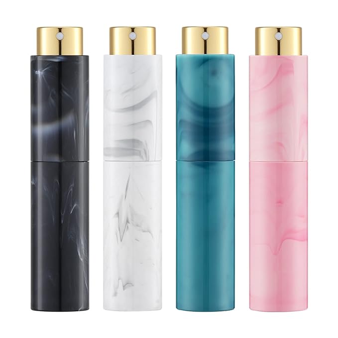 Tekson 10ML Perfume Atomizer Travel (4 PCS), Refillable Cologne Containers, Dispenser Spray Empty Bottle for Mini Sprayer Size (Black&Pink&White&Blue, Marble)