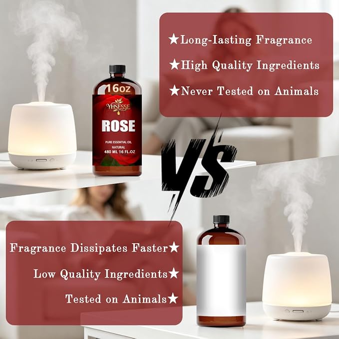 Rose Essential Oil, Rose Oil 16 Fl Oz 480ml for Diffuser Yoga Soap & Candle Making – with 0.33 Oz Roller Ball & Funnel YHSESSE Essential Oils